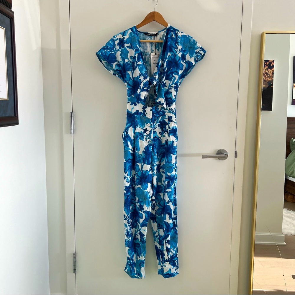 Zara Floral Linen Jumpsuit Size XS NWT